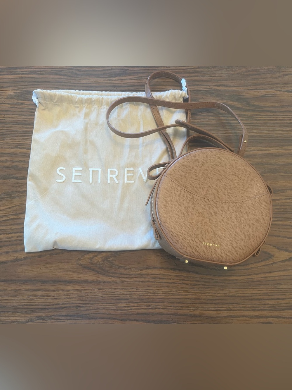SENREVE Circa Round Circle Crossbody Bag in Chestnut Brown with Gold Hardware